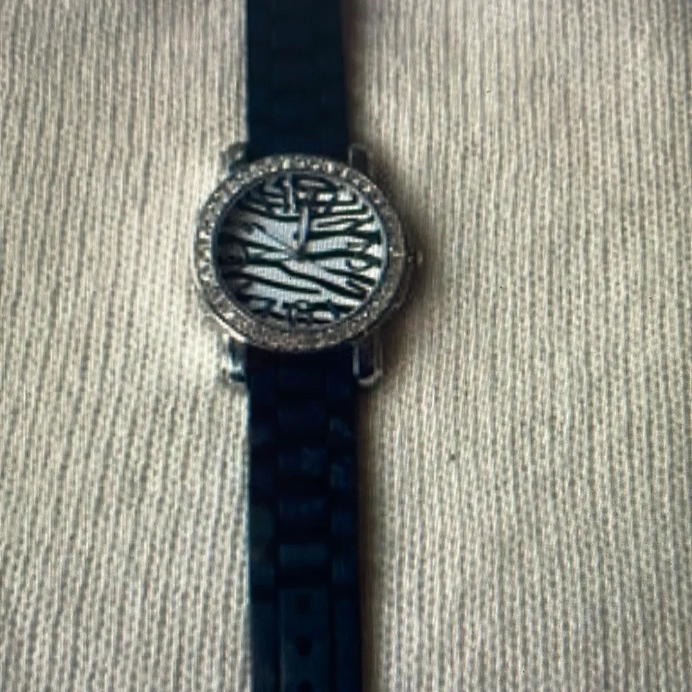 Women’s Zebra Print Crystal Bezel Quartz Watch Black Silicone Band